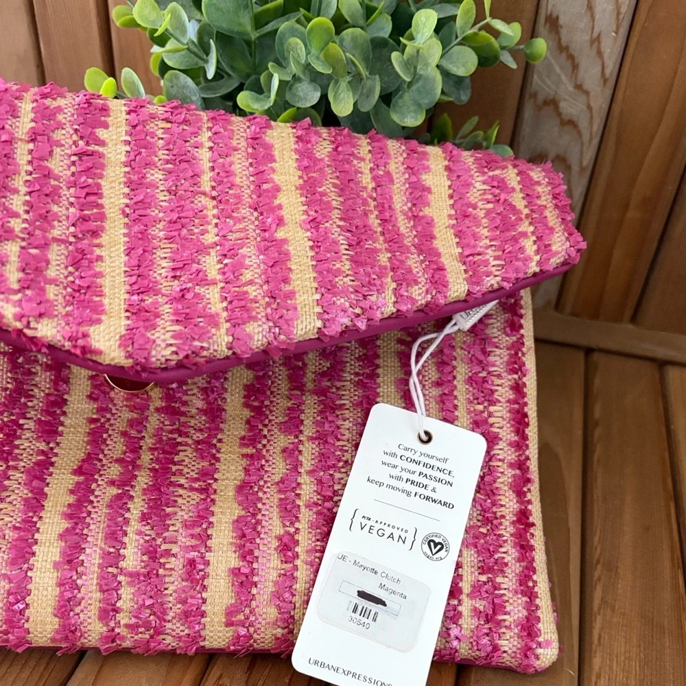 Urban Expressions Pink & Cream Striped Crossbody Clutch w/Gold Toned Chain Strap